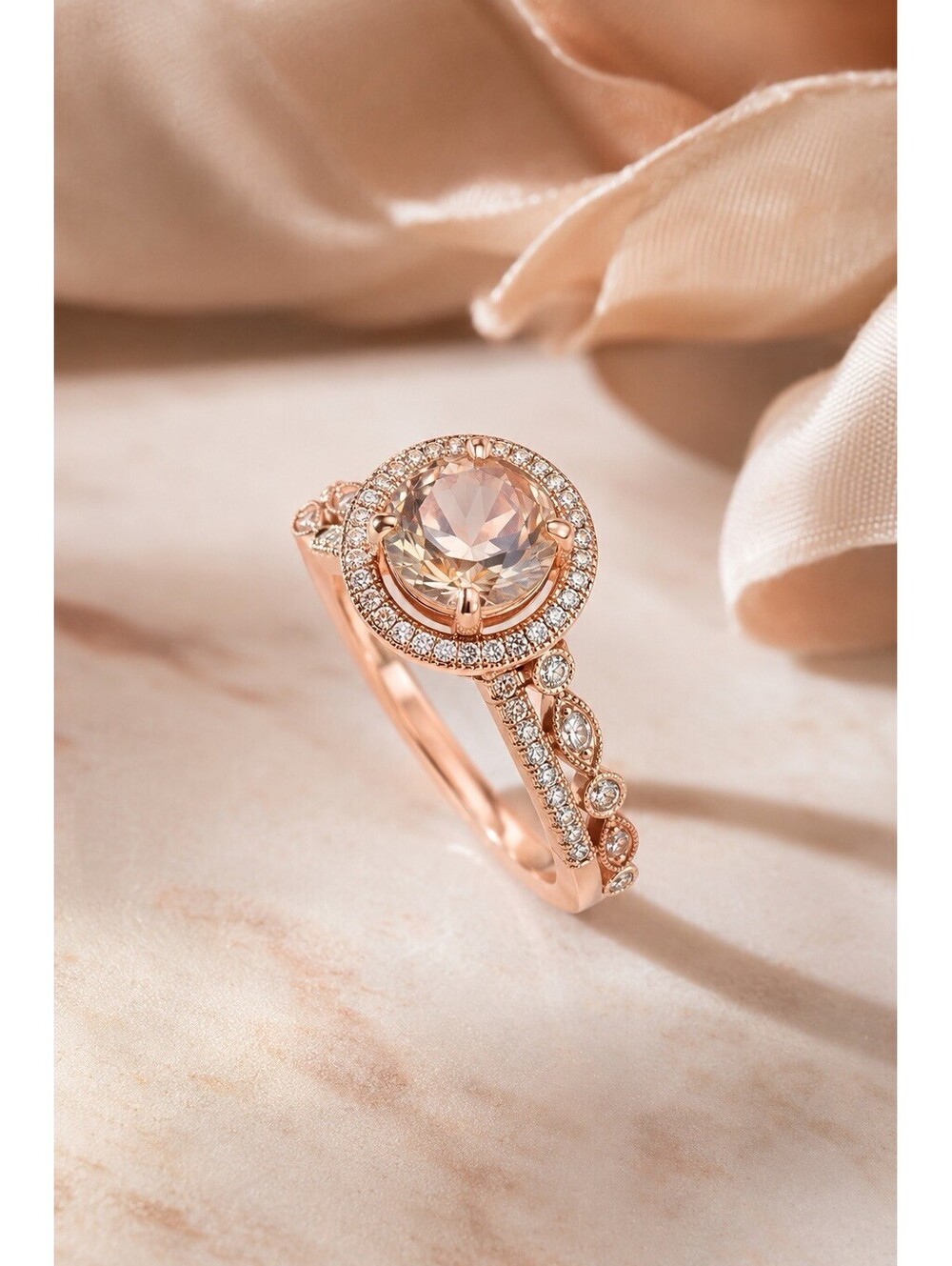 14K Rose Gold Morganite Halo Bridal Ring Set Size 5.5 Vintage Wedding Band
